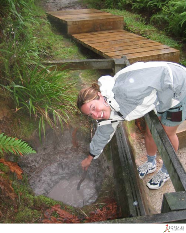 A Borealis Geothermal team member displaying a hot springs for the purpose of Geothermal Tourism.